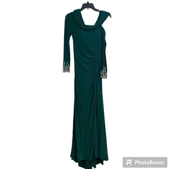 MAC DUGGAL BEADED CUFF DROP SHOULDER FAUX WRAP GOWN SIZE 0 EMERALD GREEN #12231 - Picture 4 of 14